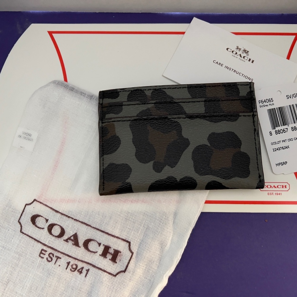 COACH OCELOT PRINT CREDIT CARD CASE HOLDER GREY MULTI NWT RETIRED F64065